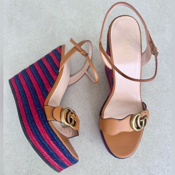 Gucci Lifford GG Marmont Brown Leather Platform Espadrille Sandals EU 39 US 9 - Picture 4 of 12